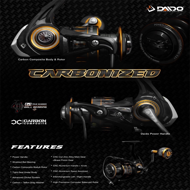 Reel Pancing Daido Carbonized 800 - 6000 (8+1 Bearing) Power Handle Full Seal Bearing -  Engkus Fishing