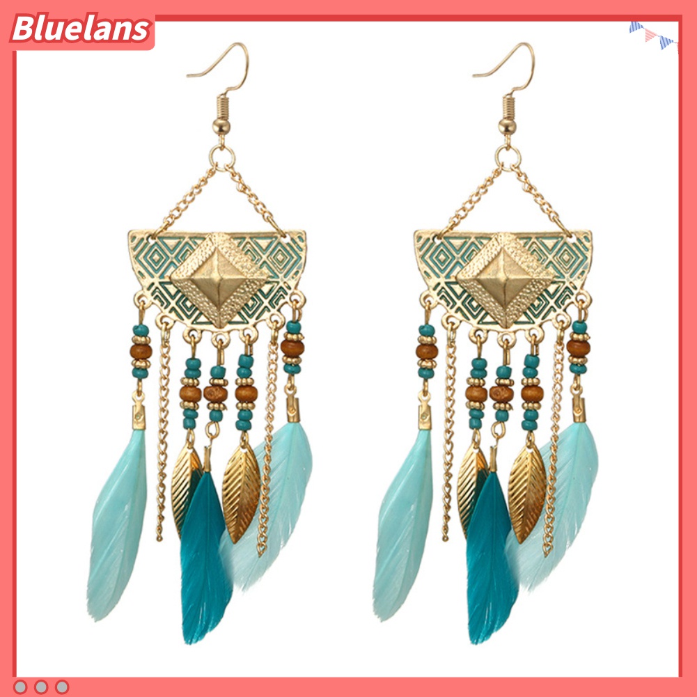 Anting Kait Bentuk Kipas Aksen Manik-Manik Rumbai Bulu Gaya Bohemian Untuk Wanita