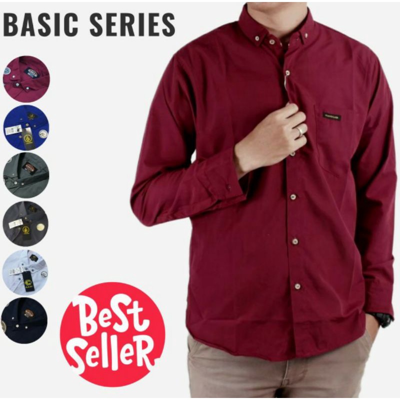 (COD) kemeja cowok polos lengan panjang slimfit hem pria kantor hitam navy putih maron army