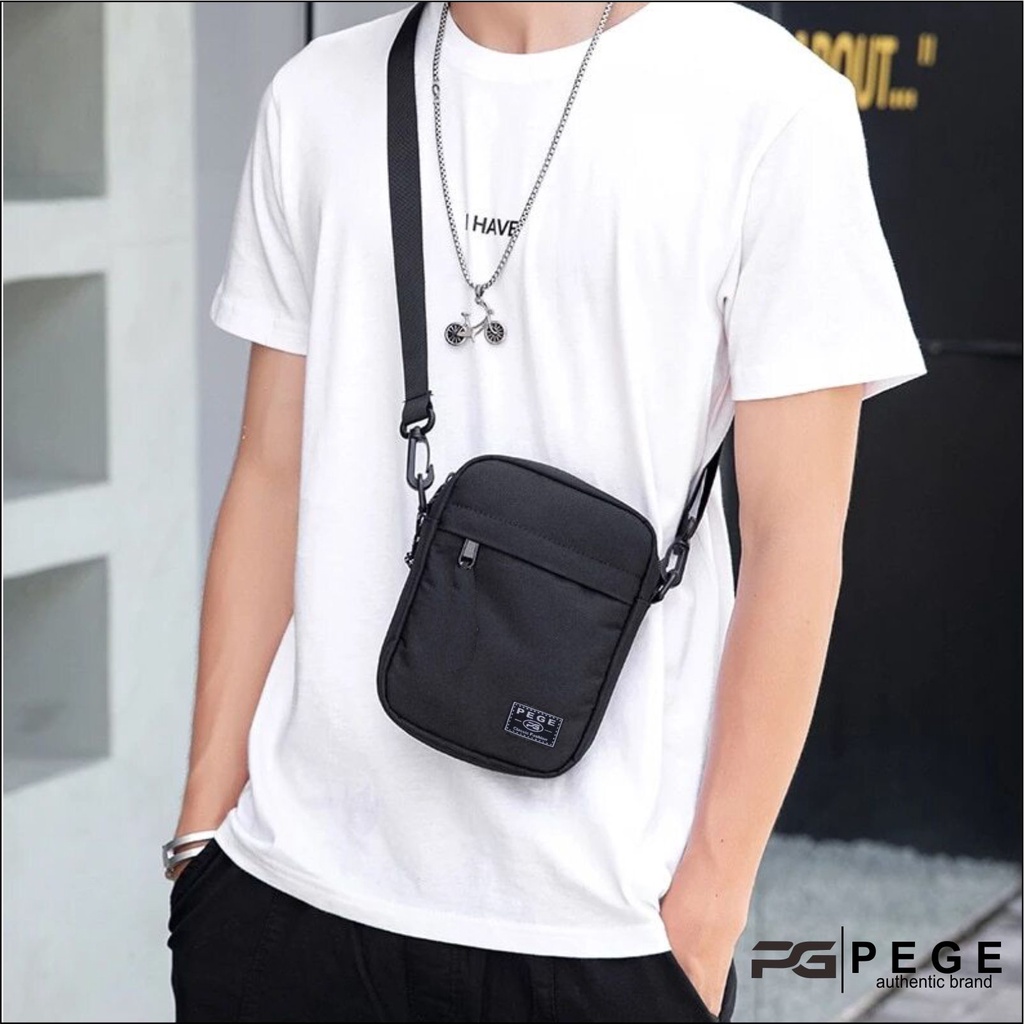 Tas Selempang Polos Pria PEGE Slempang Kasual Cowok Hitam Slingbag Bahu Keren Murah - PG 8864