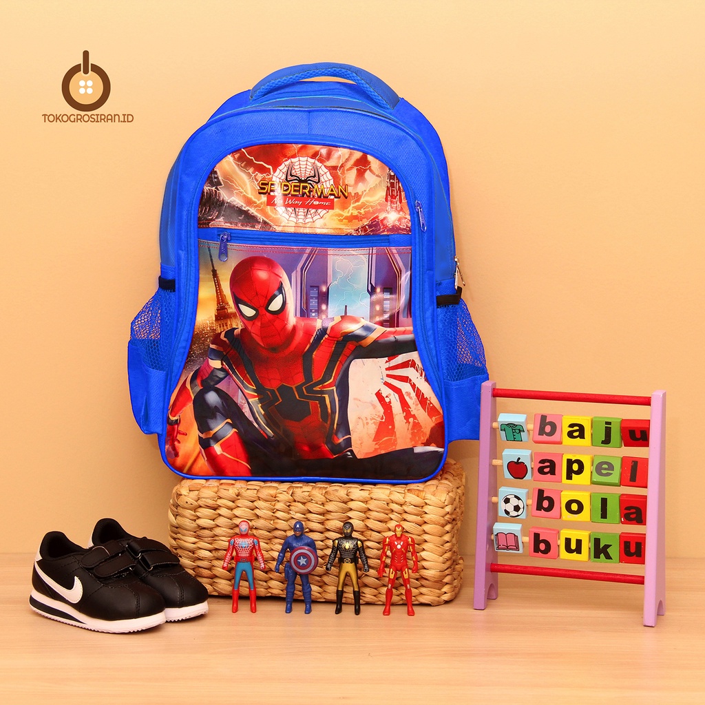 TOKOGROSIRAN.ID - TAS RANSEL ANAK SD UKURAN 16&quot; KANTONG BOTOL MINUM TAS RANSEL ANAK SEKOLAH KARAKTER SPIDERMAN