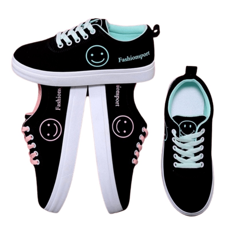 Sepatu Wanita / Motif Smile Lucu  / sepatu kets / Terlaris / poxing / Fashion / Sneakers / Sekolah / hitam / perempuan