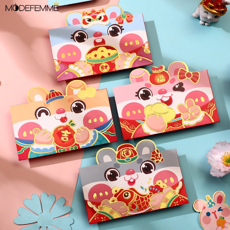 4pcs / Set Amplop Angpao Tahun Baru Cina / Imlek Motif Kartun Kelinci Warna Merah 2023