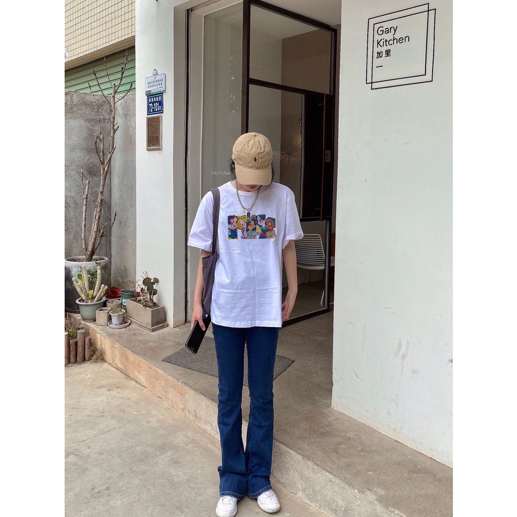 EUNII T-shirt Lengan Pendek Imut Kartun Angka Pencetakan Longgar Korean Style/Kaos Atasan Wanita/Baju Kaus Oversize Wanita