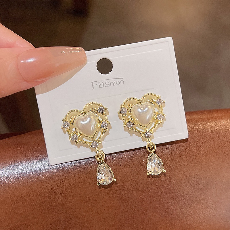 Anting Tusuk Sterling silver 925 Model Hati Dengan Mutiarabatu Zircon Mewah Retro Untuk Wanita
