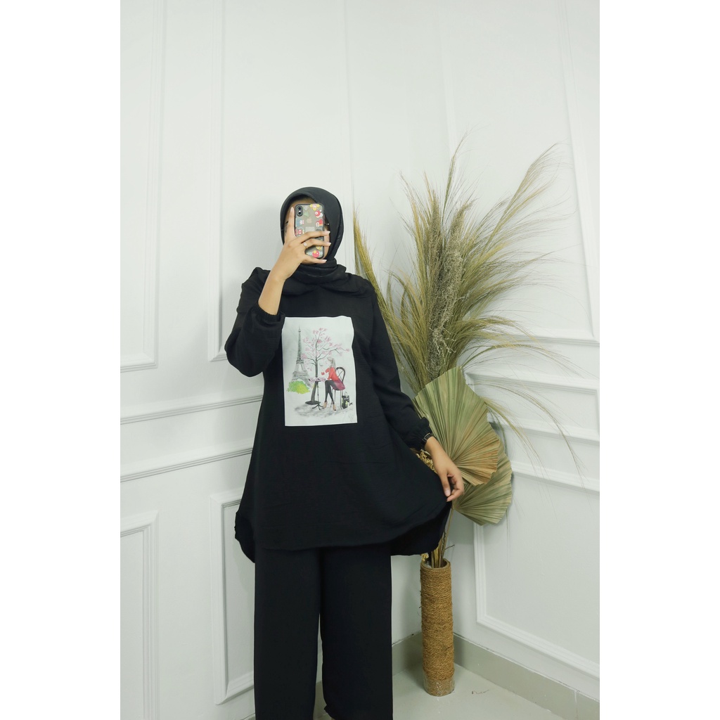 SAKURA SET BAHAN CRINKLE APLIKASI SABLON UKURAN M L XL XXL SETELAN TERBARU WANITA 2022 KEKINIAN ONE SET JUMBO WANITA KOREAN STYLE SET HITAM CELANA DAN ATASAN FASHION MUSLIM