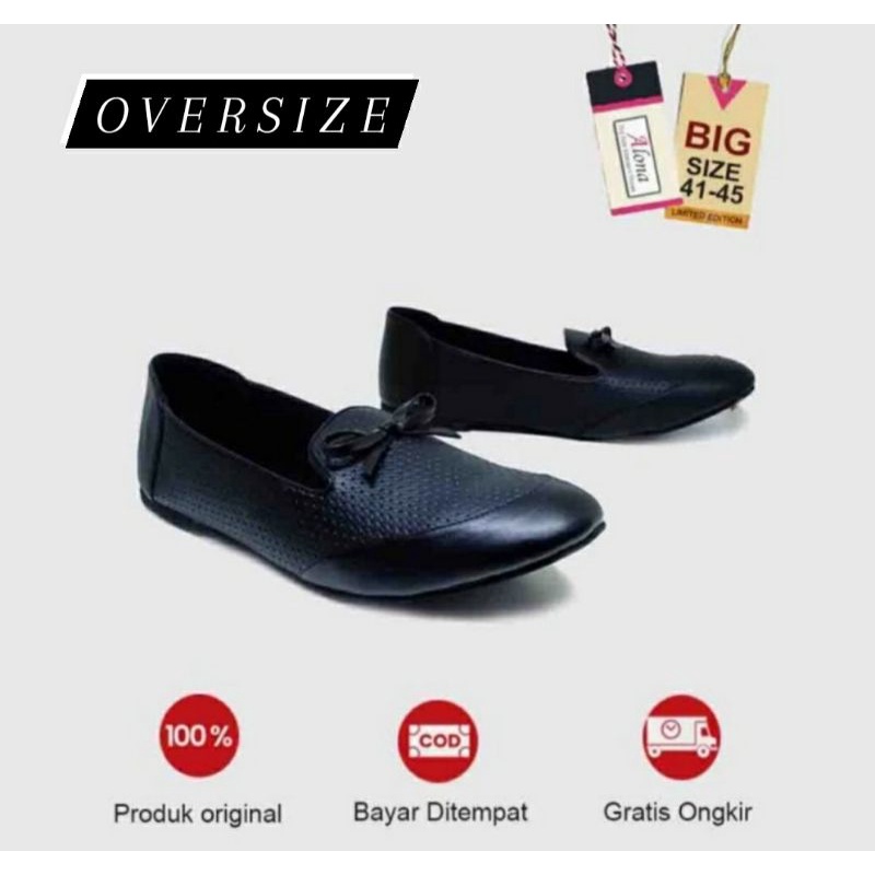 Original, Pantofel Wanita Big Size 41-45 Flatshoes Kulit Hitam JUMBO Size Besar PNS Guru Murid 42