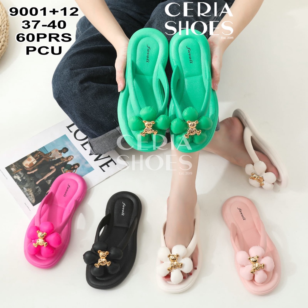 PVC Sandal Jepeit Wanita Karet Jelly Import BKK Motif Flower Bear Rubber Tebal Non-Slip FVL12