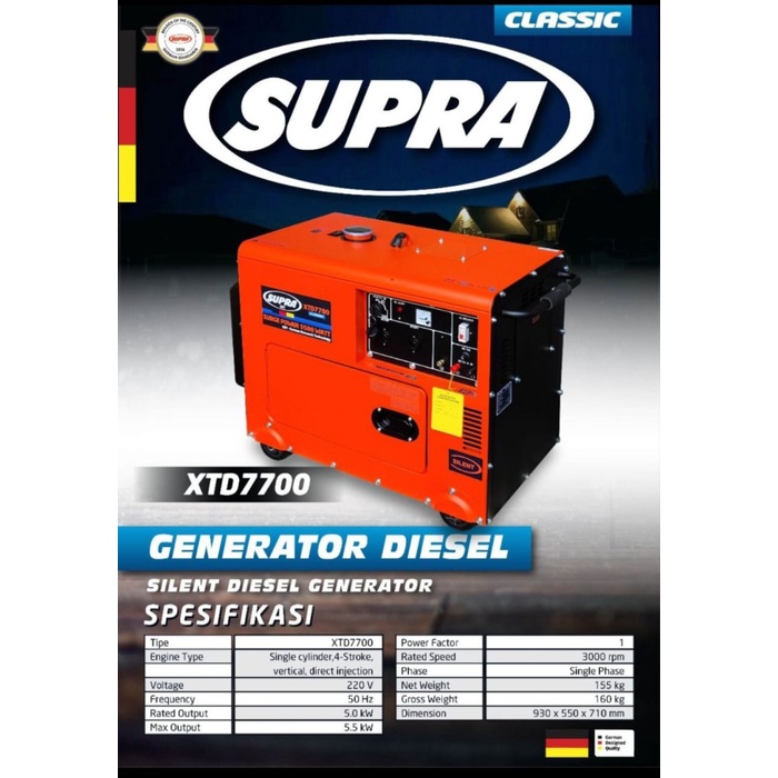 Genset Silent Supra XTD7700 XTD 7700 4500 Watt Maksimal 5000 Watt