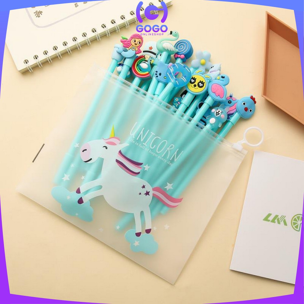 GOGO-A15 Pulpen Gel Karakter Lucu Set Isi 20PCS Pena FREE Zipper Pouch Tempat Pensil Transparan Murah