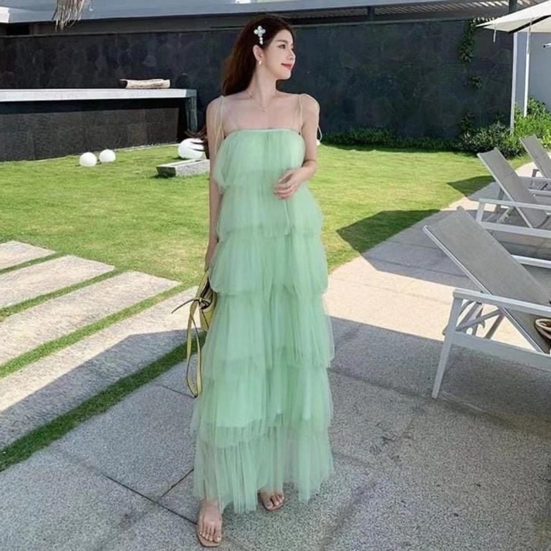 Soft green tile ruffle tank premium dress CODE TG-1111