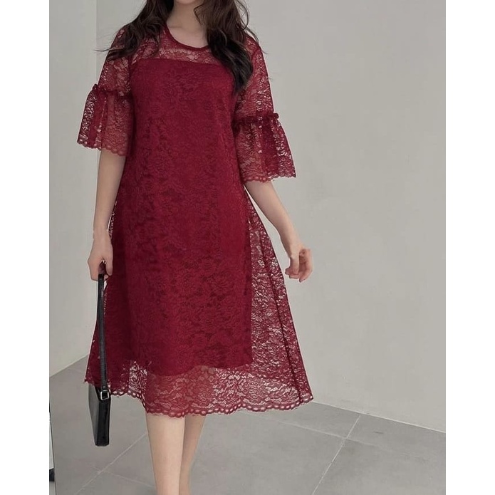 DRESS EVANIA BRUKAT FASHION PAKAIAN WANITA GAUN DRESS BAHAN BRUKAT LAPIS FURING MR