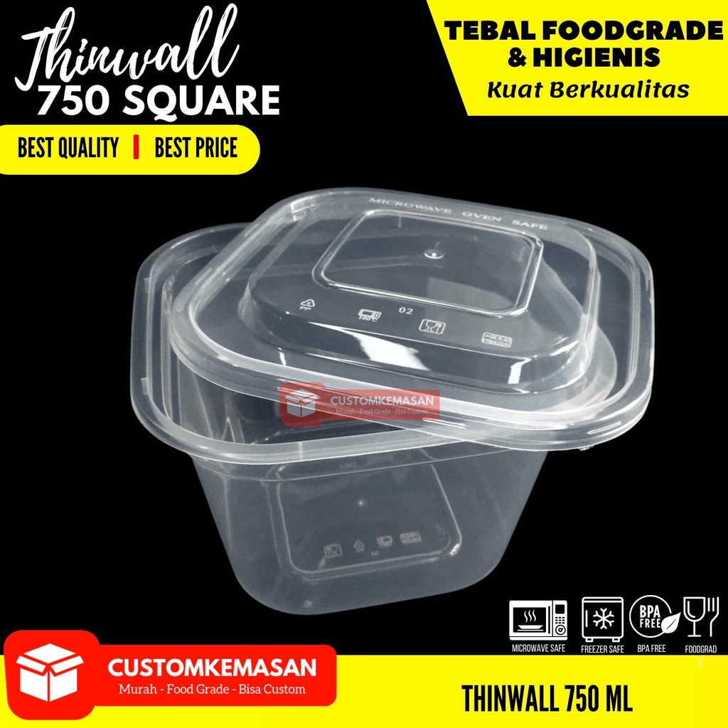 Thinwall 750 ml Kotak / Kotak Makanan Plastik  / Thinwall 750 ml Square / Lunch Box Plastik / Kemasa