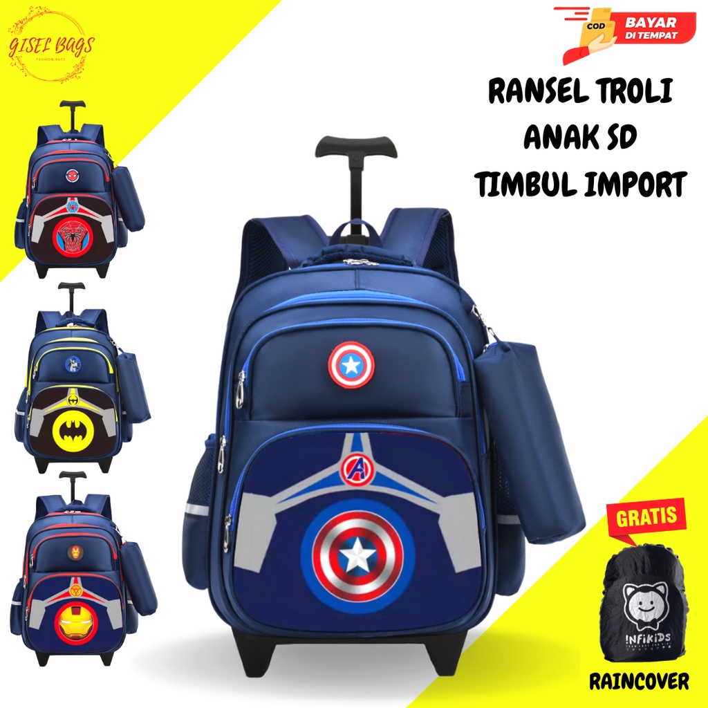 Tas troli anak laki laki sekolah sd import gambar timbul karakter superhero waterproof