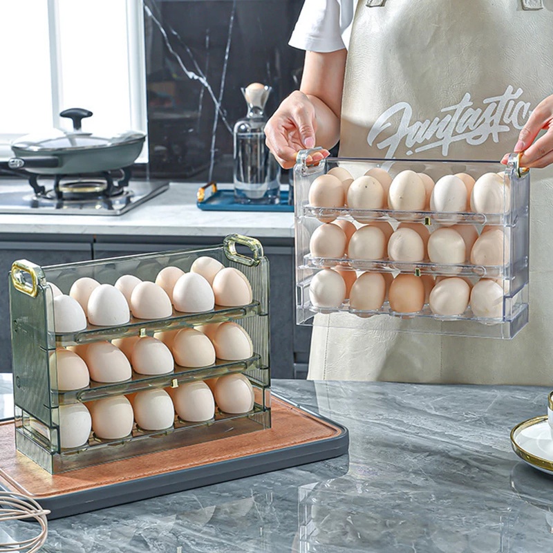 Rak Penyimpanan Telur Model Flip 3 Lapis 30 Grids Transparan Untuk Kulkas