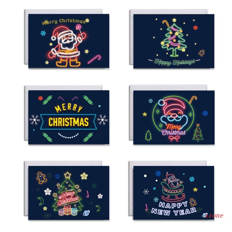 6pcs / set Kartu Ucapan Natal Dengan Amplop Stiker Neon Desain Pohon Natal Santa Claus