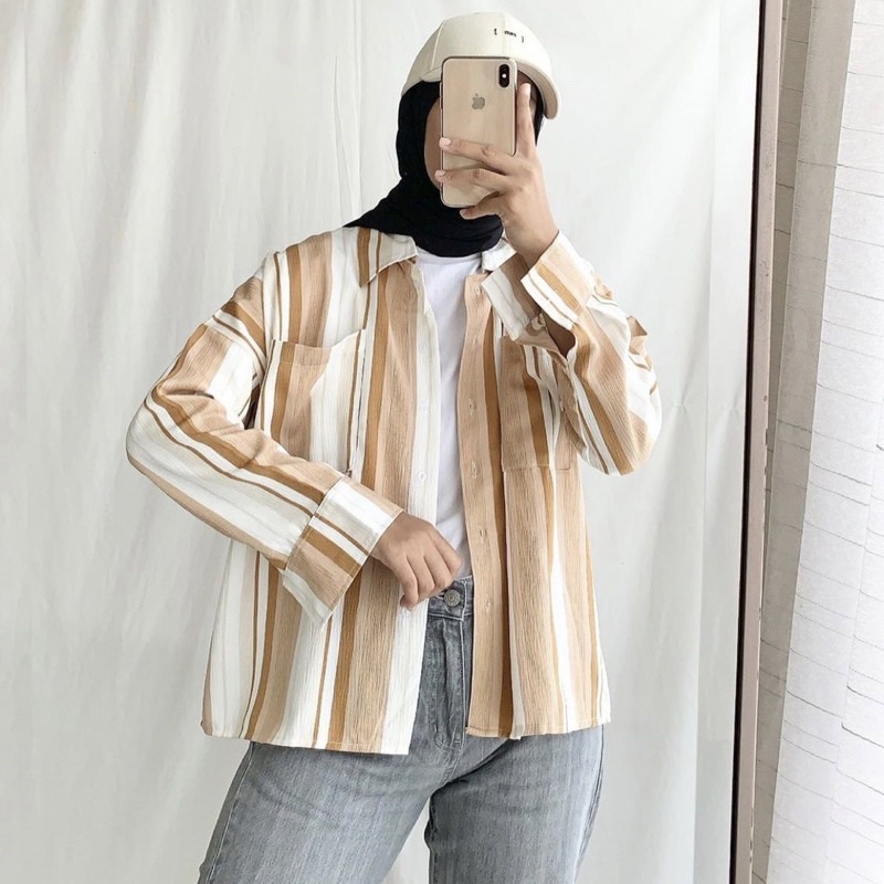 BEFAST - ZRD OOTD Kemeja Raimbow PRASTI / CERENA EARTHY TOP SHIRT / Kemeja Stripe Terbaru / Atasan Wanita lengan Panjang / Kemeja Casual Wanita / Hem Kerja / Fashion kekinian Remaja ABG Wanita / Kem Bisa Di Jadikan Outer / OOTD Wanita Trendy