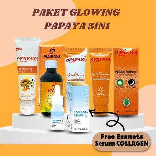 Paket Glowing 5in1  Papaya by Mamaya Gratis Serum Collagen by Ezaneta  | Facial wash brightening Mamaya 100ml | Toner mamaya 100ml | Day Night Cream mamaya Gratis Serum Collagen ezaneta/COD/PROMO PAKET