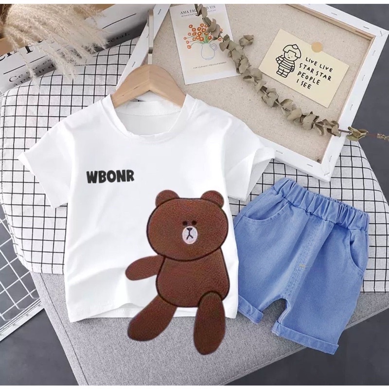 setelan baju kaos celana pendek jeans bayi anak unisex motif bear teddy wbonr denim usia 6 bulan-5 tahun best quality terbaru terlaris/ setelan baju kaos celana pendek jeans bayi anak laki-laki/ setelan baju kaos celana pendek jeans bayi anak perempuan