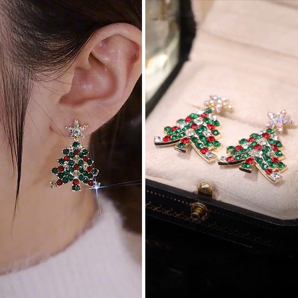 Anting Bentuk Pohon Natal Aksen Berlian Bahan Zirkon Untuk Hadiah