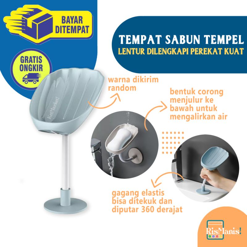 FLEXIBLE SOAP HOLDER - Tempat Kotak Sabun Batang Dispenser Tempel Dinding Toilet Wastafel Cuci Tangan Rak Model Cangkang Kerang Corong 45 Derajat Gagang Panjang Lentur Elastis Storage Tembok Spons Cuci Piring Dapur Shower Puff Kamar Mandi