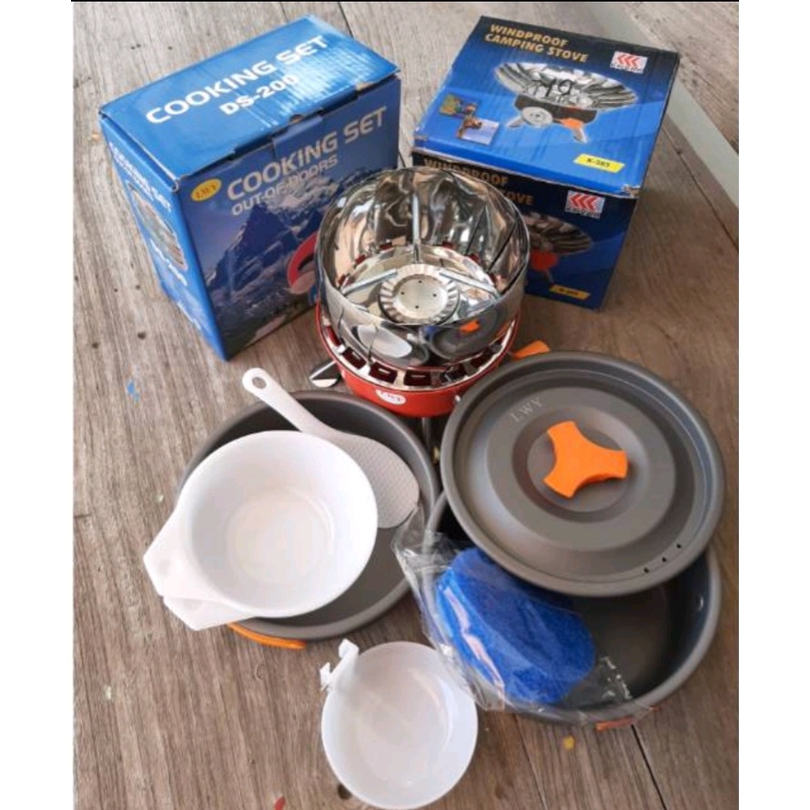 Paket Hemat Alat Masak Kemping Gunung Komplit Cooking Set DS200 Plus Kompor K203 Camping Outdor