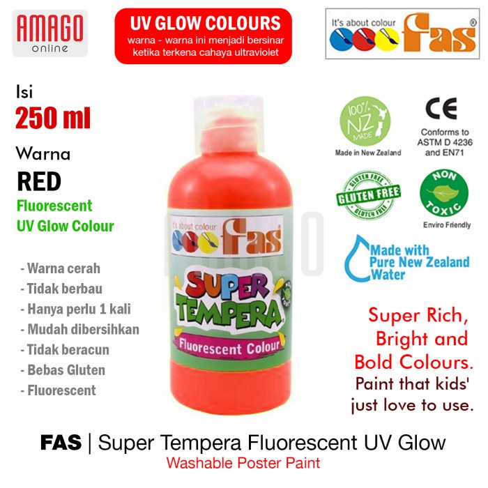 

Jualan Cat Poster Fas Super Tempera Fluorescent Uv Glow Paint - 250 Ml - Red Bergaransi