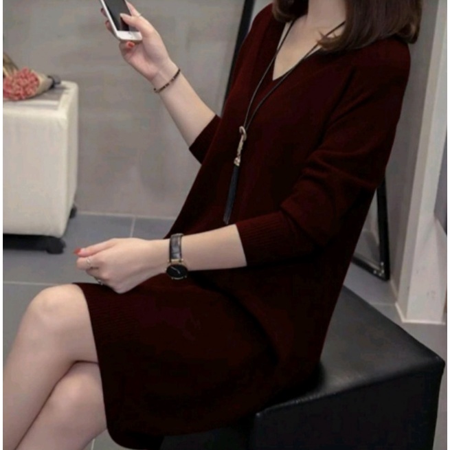 TUNIK KOREAN STYLE - Baju Wanita Kekinian V-NECK - Bahan Rajut Premium