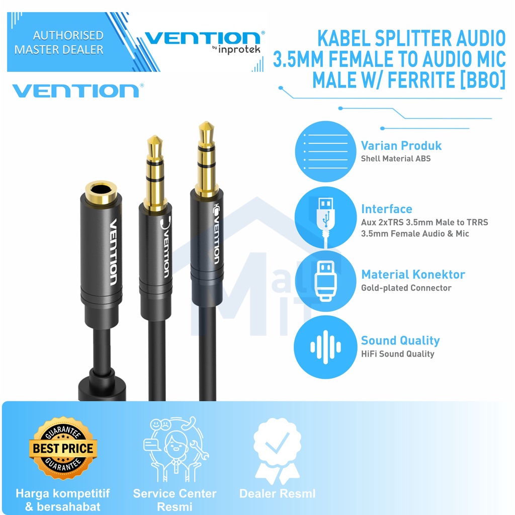 ( Bisa Cod) Vention Kabel Splitter Audio 3.5mm Female to Audio Mic Male Ferite BBO