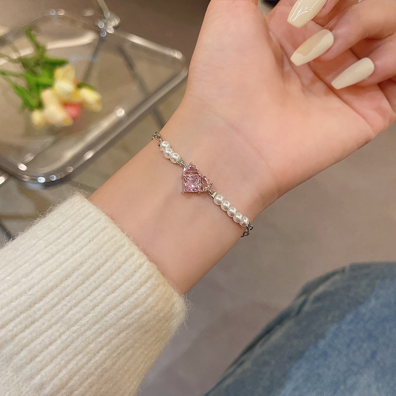 Gelang Mutiara Zircon Bentuk Hati Warna Pink Gaya Korea Untuk Wanita