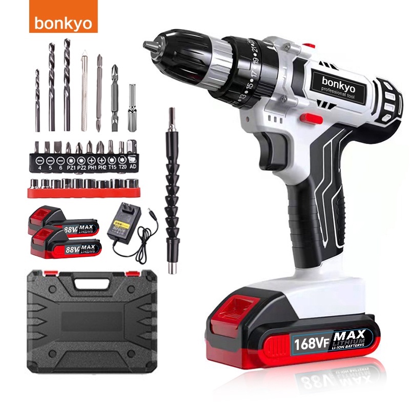 bonkyo 168VF Baterai dua ganda Mesin bor cordless/Elektrik Drill/ bor listrik/beton besi kayu full set pilihan Bor tanpa kabel