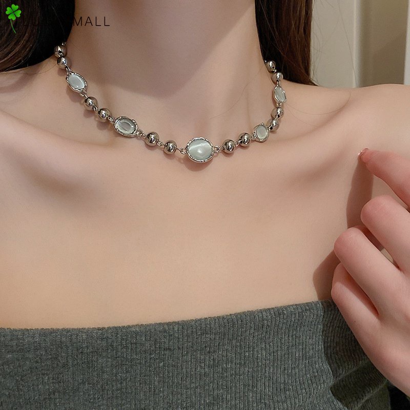 Kalung Choker Rantai Klavikula Hias Manik-Manik Permata Warna Silver Untuk Wanita