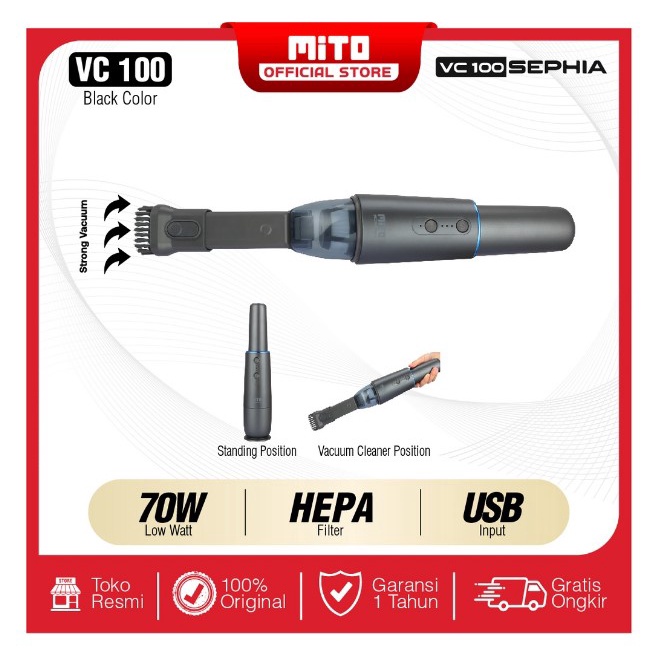MITO Vacuum Cleaner WIRELESS - Penyedot Debu CORDLESS Portable VC100 Dengan Hepa Filter SEPHIA