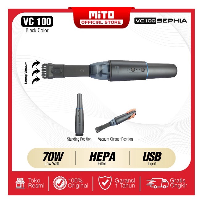 MITO Vacuum Cleaner WIRELESS - Penyedot Debu CORDLESS Portable VC100 Dengan Hepa Filter SEPHIA