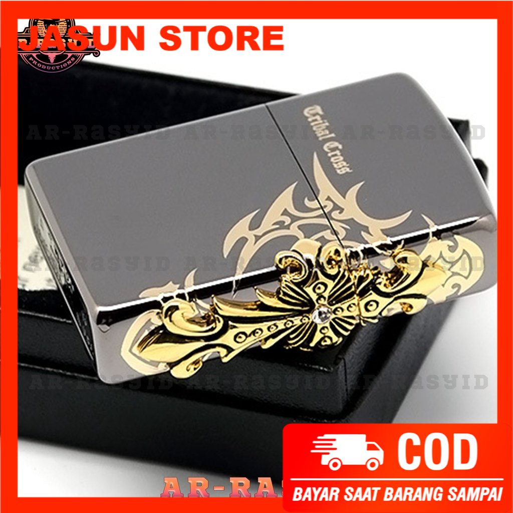 Bisa COD! Korek Api Minyak Zippo Hitam Black Ice Motif Ancient Cross ZBT-1-33A