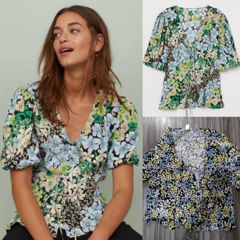 ICENEM GREEN FLORAL PUFF SLEEVE BLOUSE