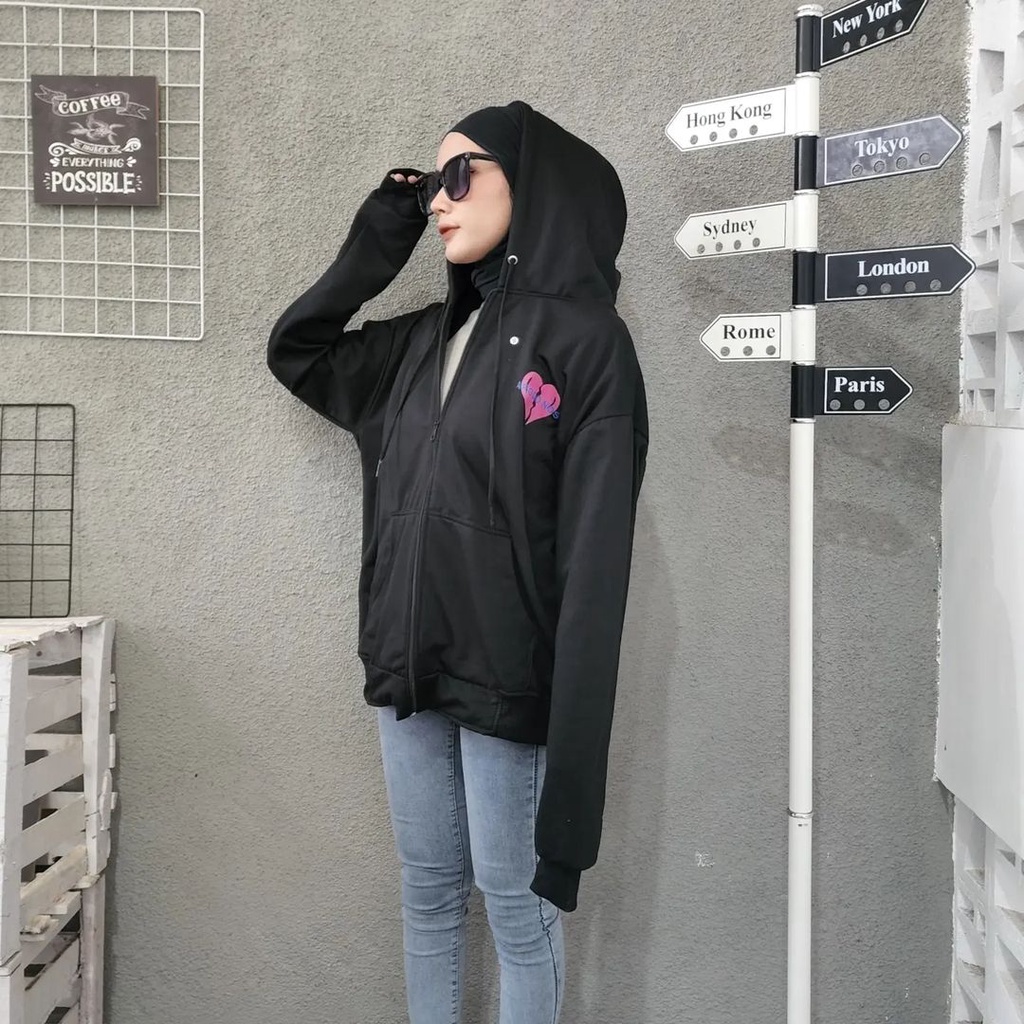 ARGOO NOS LOVE 2XL Hoodie Zipper Bigsize Wanita Oversize Jacket Sweater Kekinian Fashion Ala Korean Kasual Style