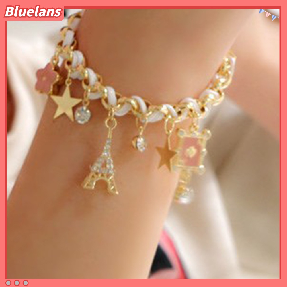 Bluelans Gelang Kulit Imitasi Liontin Menara Eiffel / Bintang / Bunga / Poker Untuk Wanita