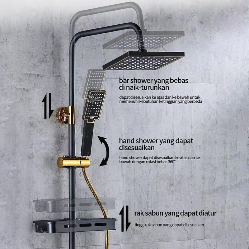 Shower Kamar Mandi Termostatis 4 Dalam 1 Set Dengan Sprayer Faucet Sprayer / Black Gold Kamar Mandi Shower
