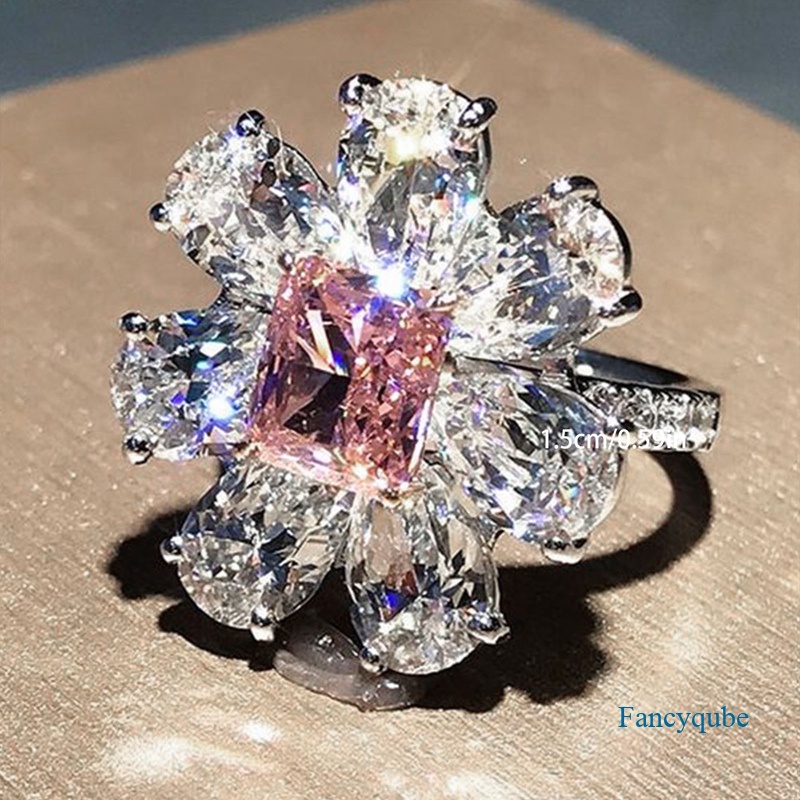 Fancyqube Cincin Silver Hias Berlian Zirkon Bentuk Kotak Warna Pink Untuk Wanita