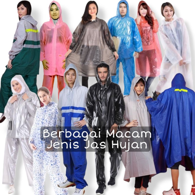 Berbagai Macam Jenis Jas Hujan Fashion Lengan Panjang Setelan Baju Celana Polkadot Plastik HDPE Poncho Mantel Lengan Elmono Jalak Singa