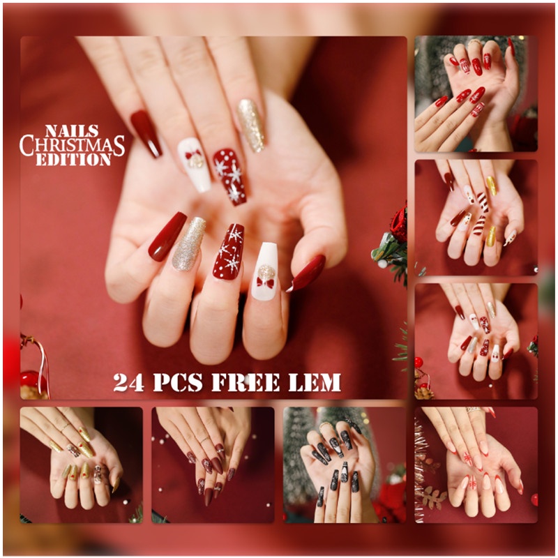 MSY 24 Pcs Kuku Palsu Motif Natal Free Lem 2gr/Fake Nail  3d Kuku Palsu Christmas Tahan Air