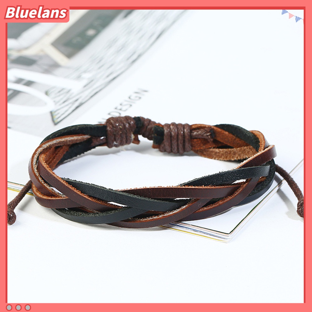 6pcs / Set Gelang Tali Kulit Kepang Multilayer Gaya Retro Untuk Pria