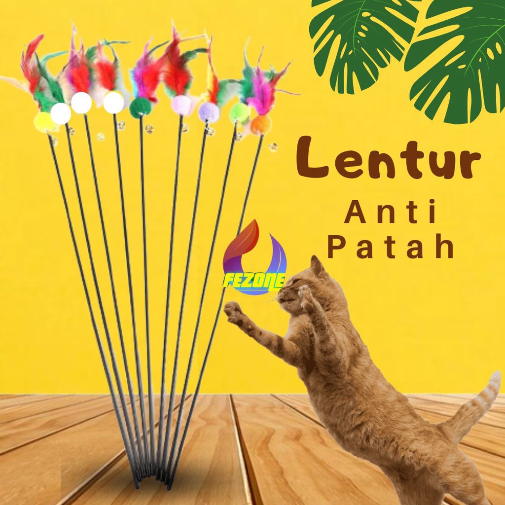 Stick Mainan Kucing  Pompom Lonceng 14mm Bulu Tongkat Hewan Peliharaan FEZONE