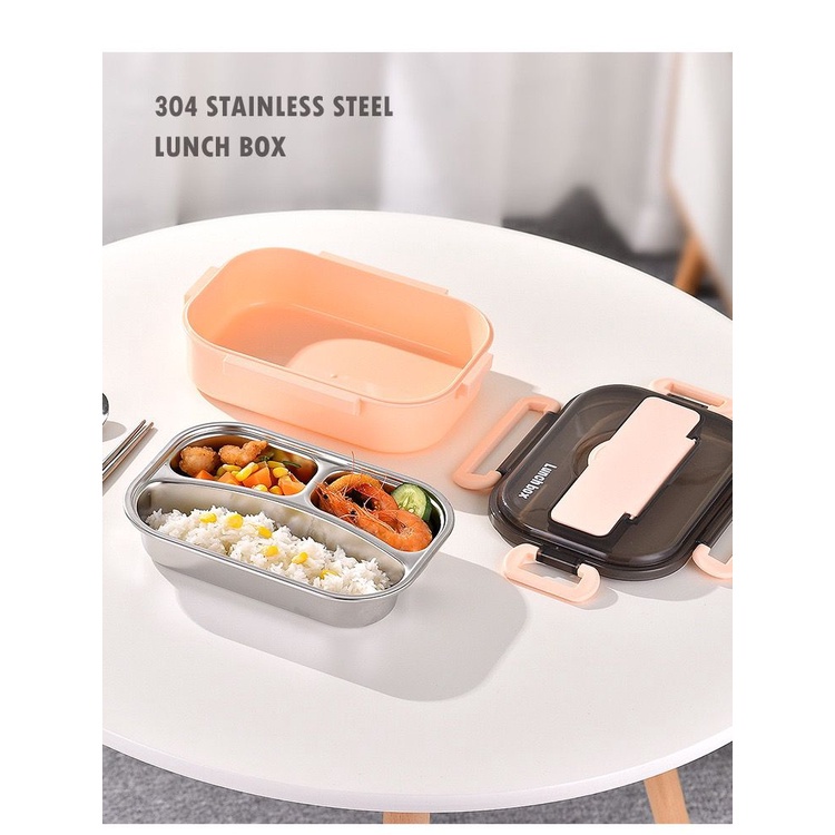 DS SS35 Kotak Makan 3 Sekat / Lunch Box Stainless 304 Tahan Panas dan Anti Tumpah Kualitas Premium Free Sendok+Sumpit