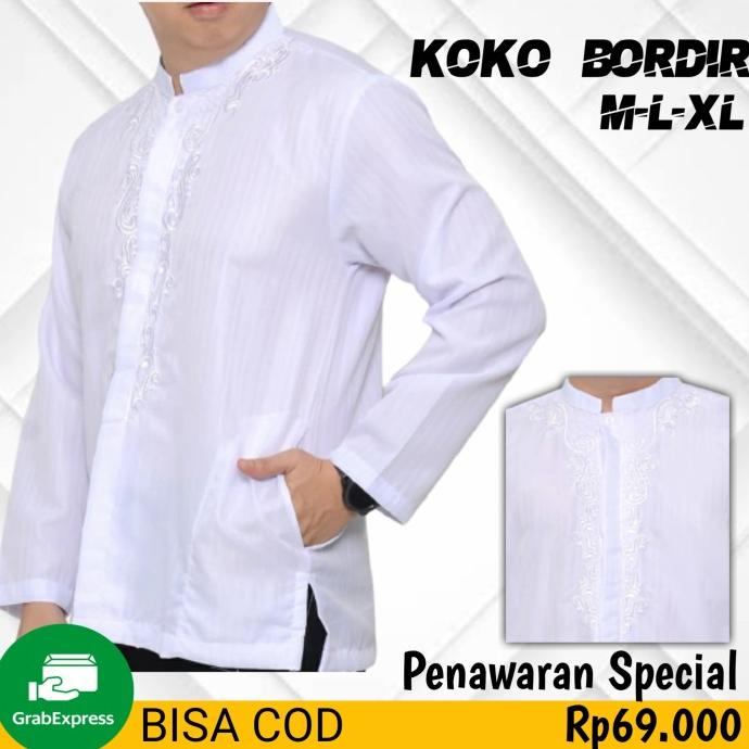 Baju Koko Pria Putih Lengan Panjang Bordir Special Ramadhan Lebaran