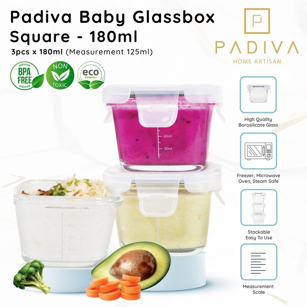 Padiva Baby Glassbox Square 180ml (3pcs) GBB180S