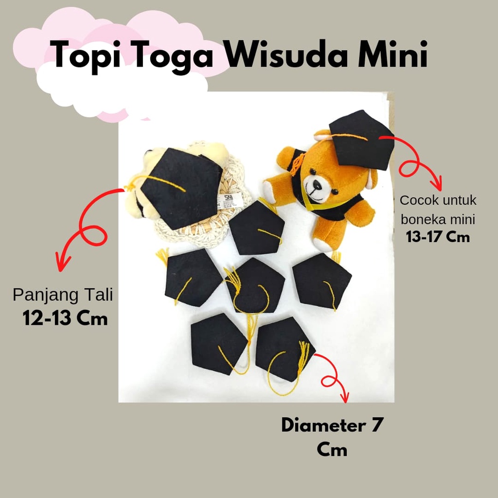 topi toga wisuda mini untuk boneka mini ukuran L (diameter 7 Cm)