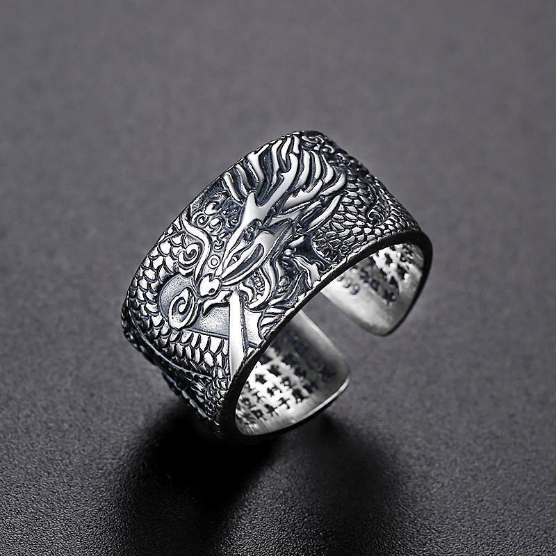 2022 Cincin Terbuka Adjustable Lapis Silver Motif Print Naga Gaya Hip Hop Untuk Pria