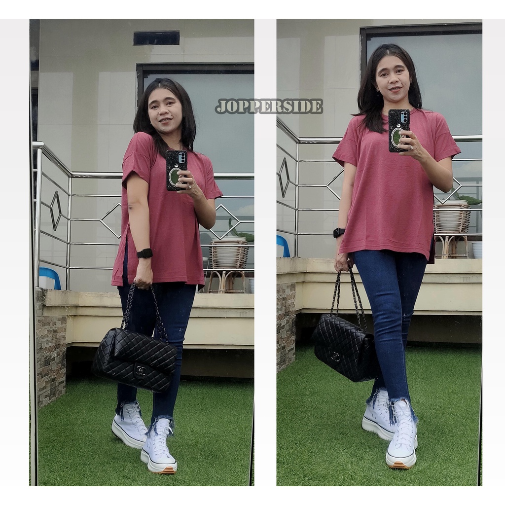 Baju kaos oversize wanita belahan high slit samping ujung lengan lipat bahan katun premium tow1